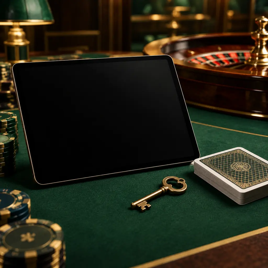 Kunci kecil di dekat tablet dan kartu kasino