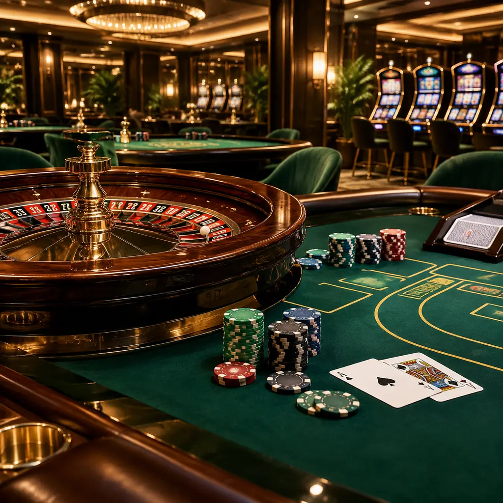 Aula kasino dengan meja kartu, roda roulette, dan deretan mesin slot