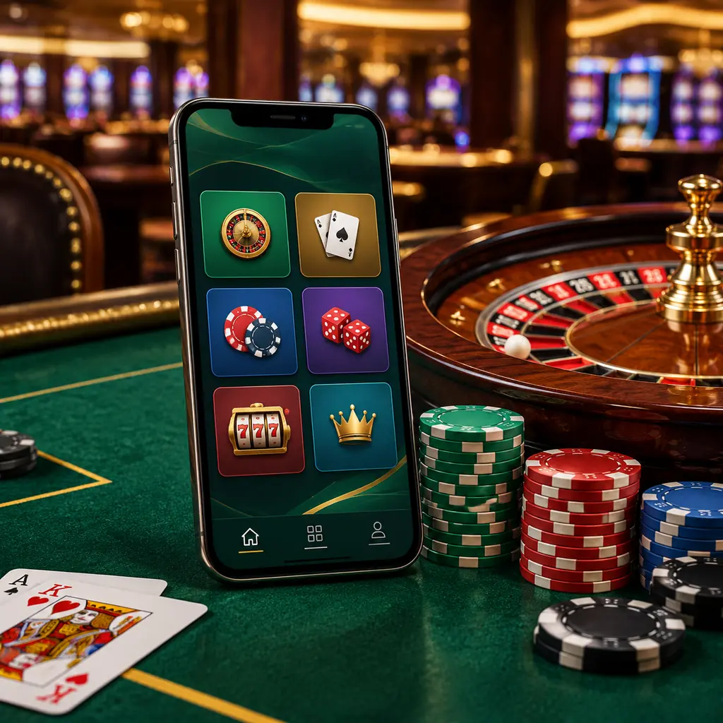 Ponsel di dekat roda roulette dan tumpukan cip