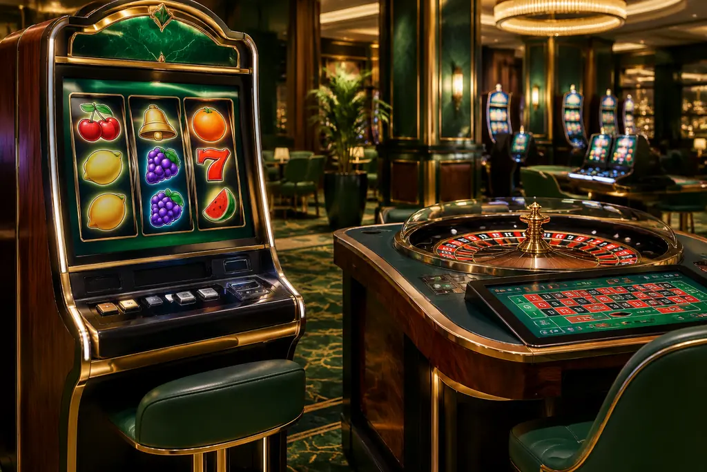 Perangkat slot dan meja permainan dalam ruang kasino