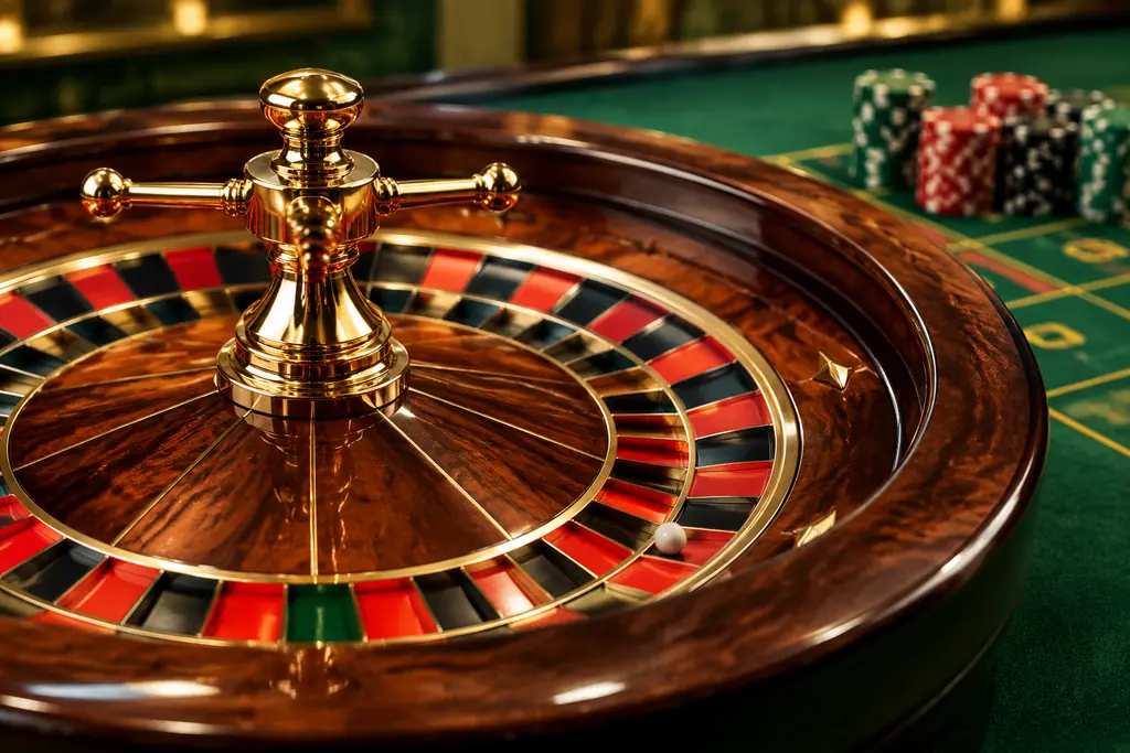 Roda roulette dan bola putih pada meja kasino