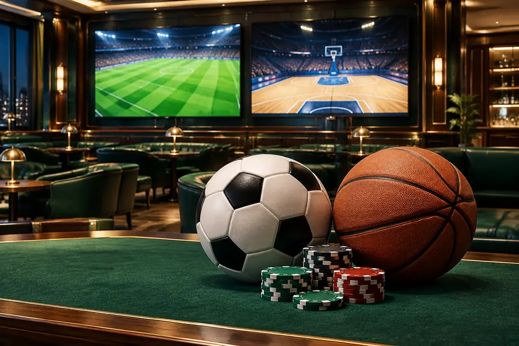 Ruang sportsbook kasino dengan layar lapangan dan bola olahraga