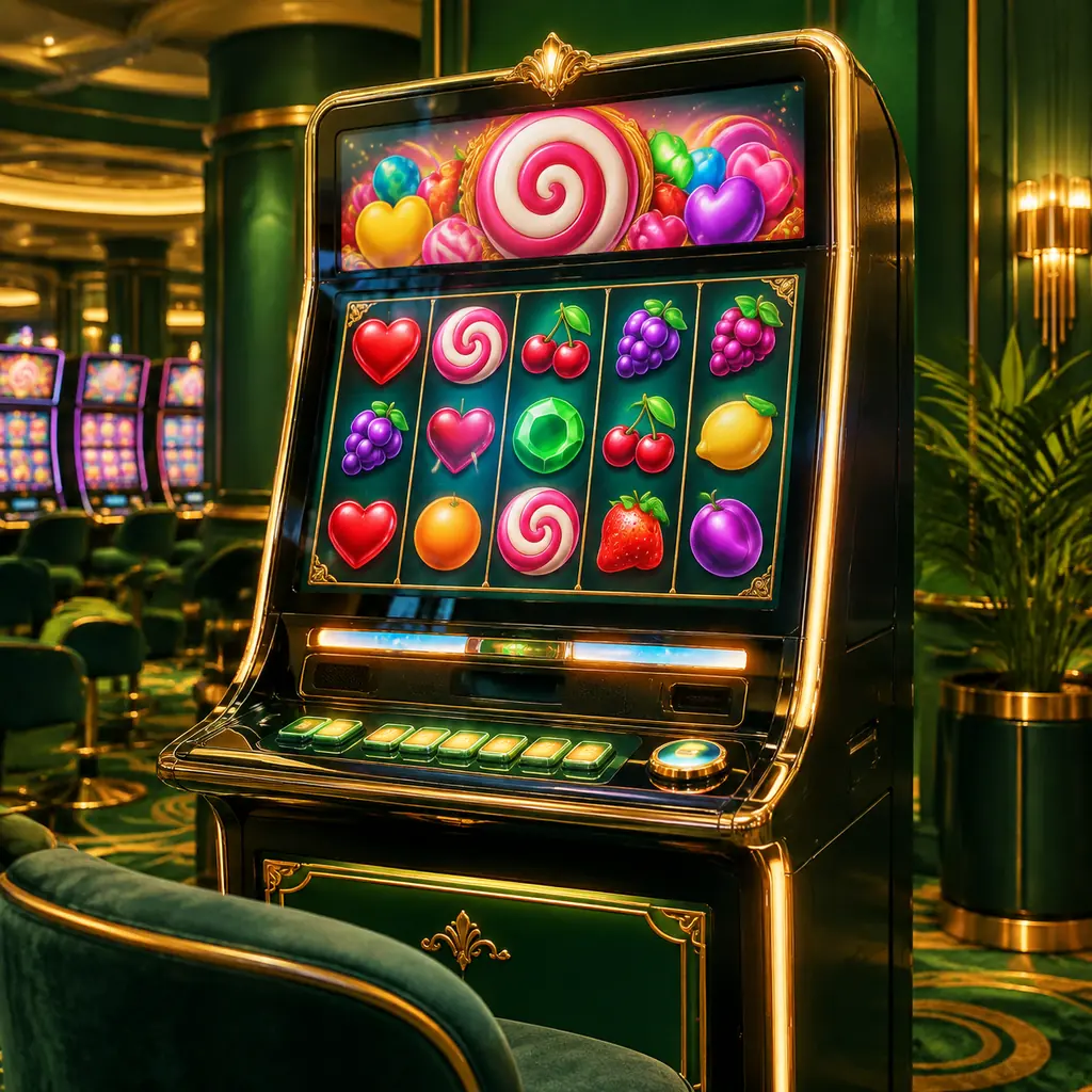 Mesin slot bertema buah dan permen di ruang kasino